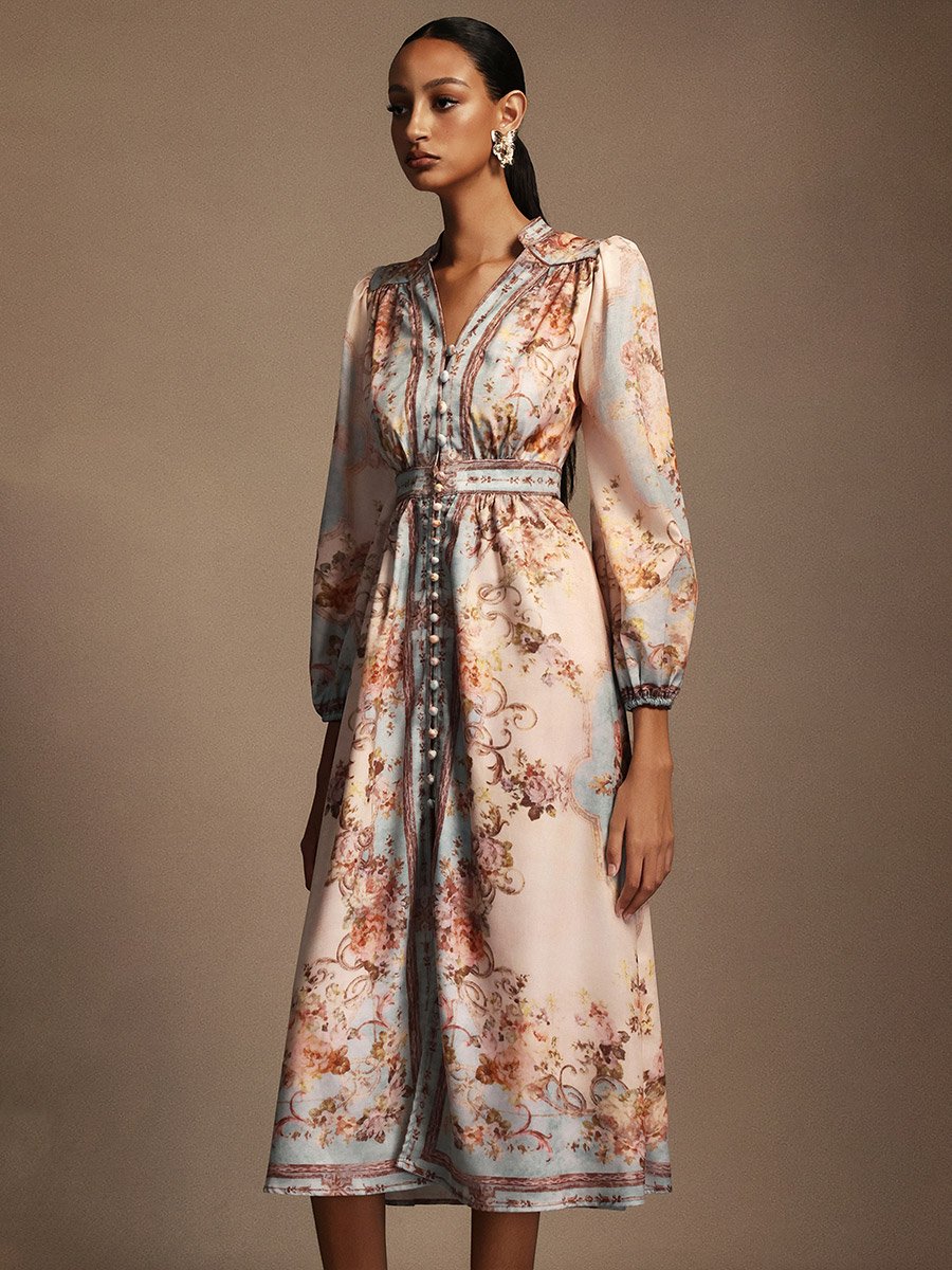 Women Floral Print 3/4 Sleeves Midi Dress