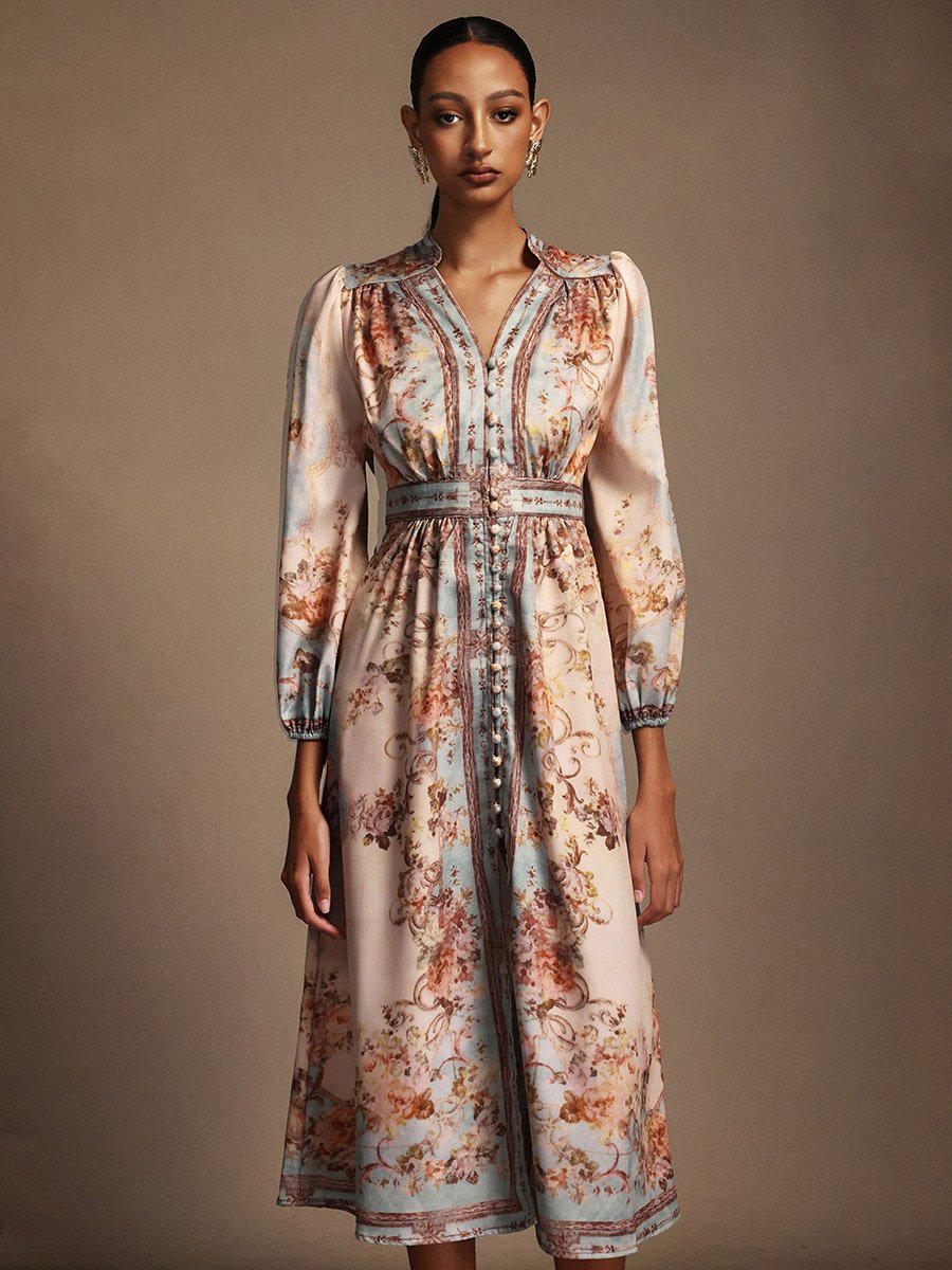 Women Floral Print 3/4 Sleeves Midi Dress