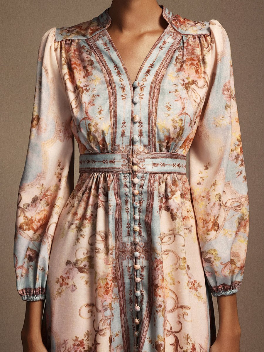 Women Floral Print 3/4 Sleeves Midi Dress