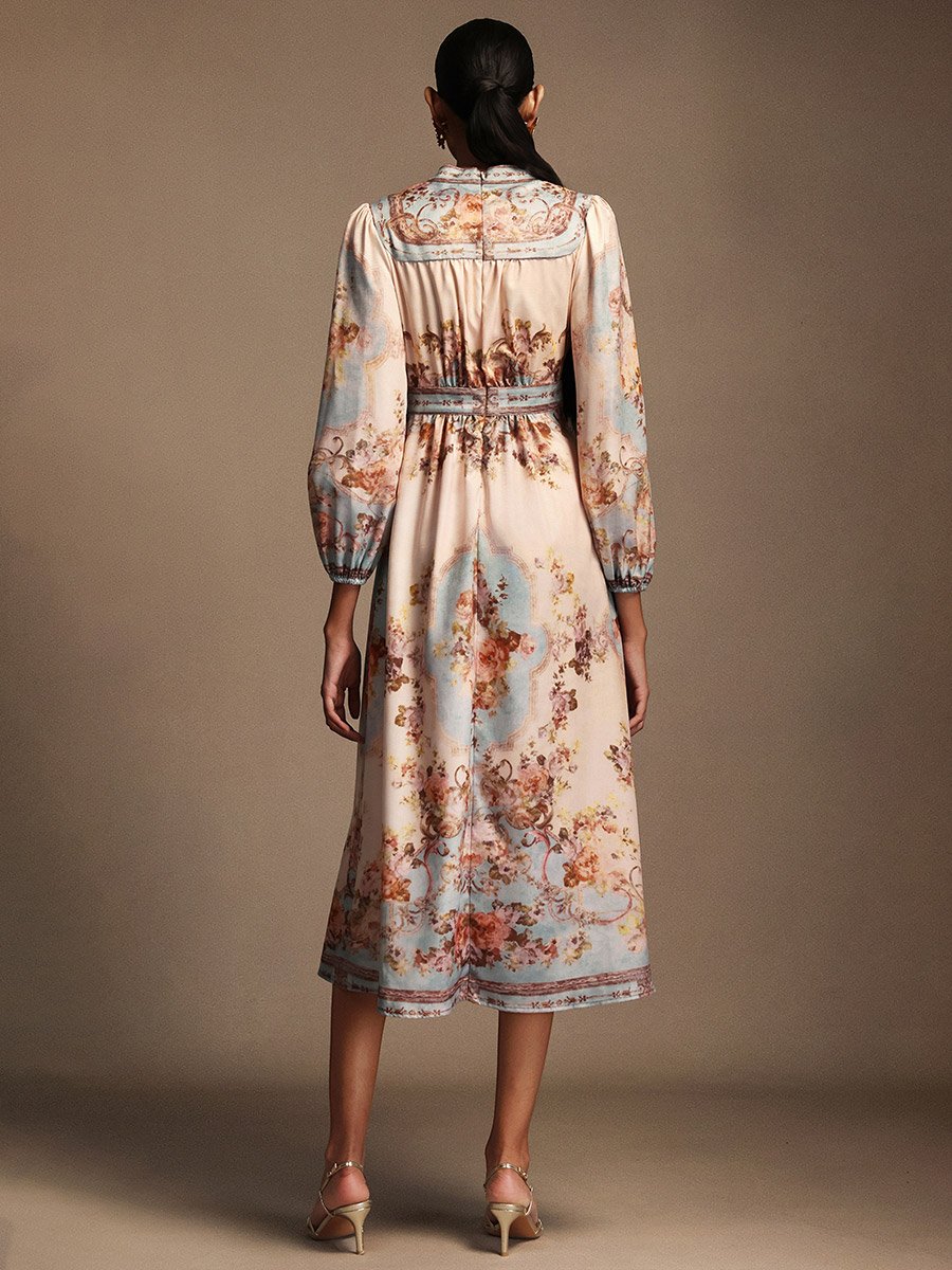 Women Floral Print 3/4 Sleeves Midi Dress