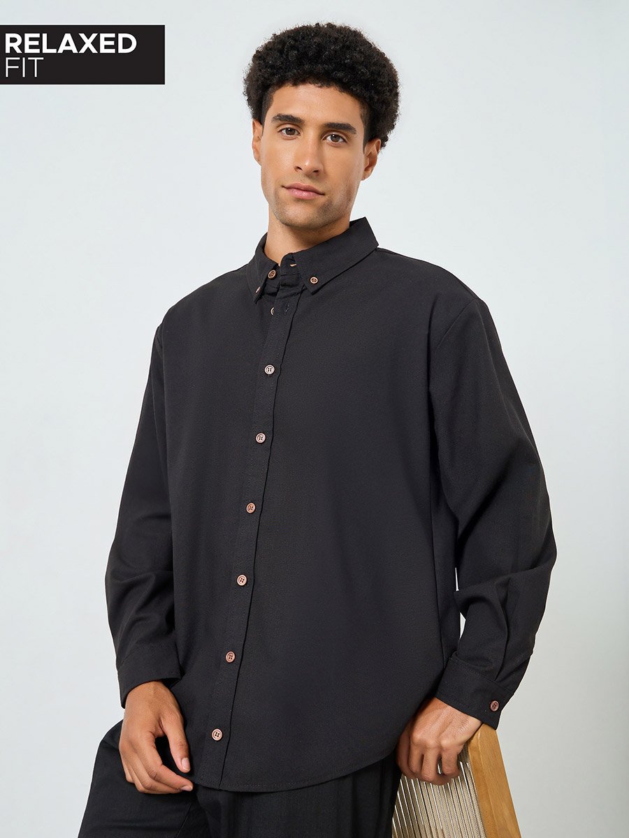 Men Relaxed Fit Linen Blend Shirt with Button-Down Collar