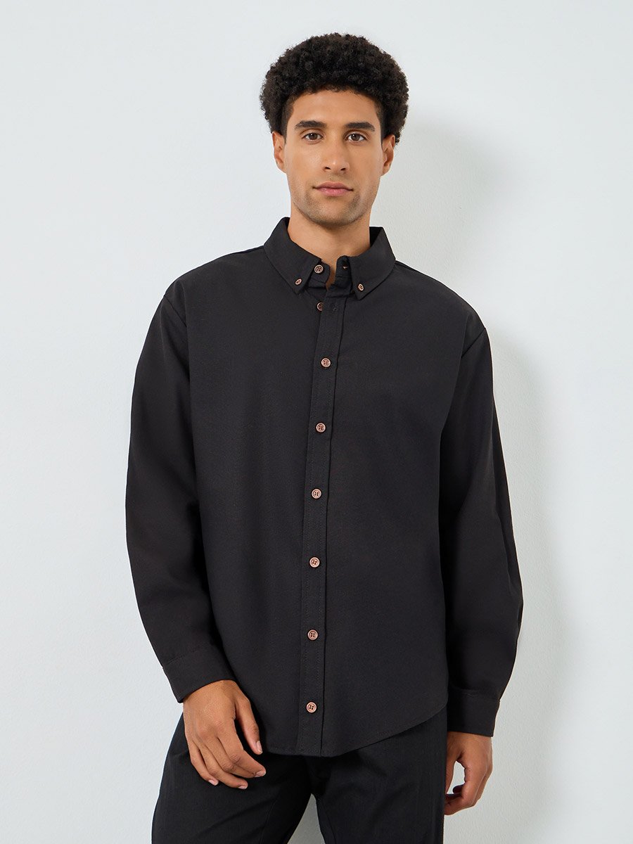 Men Relaxed Fit Linen Blend Shirt with Button-Down Collar