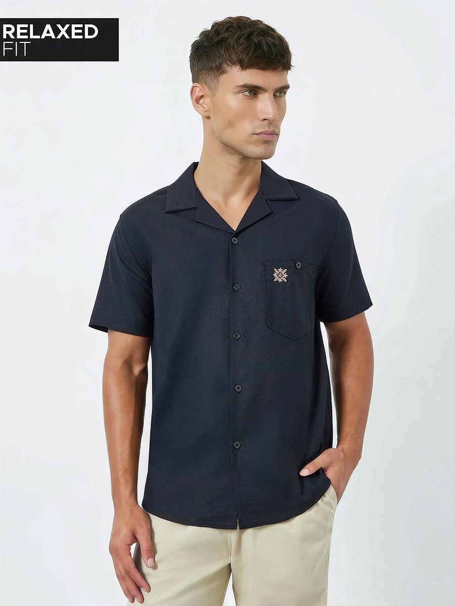 Men Relaxed Fit Linen Blend Resort Collar Shirt