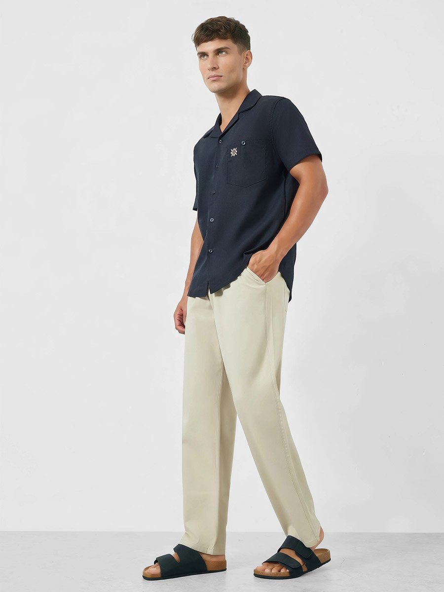 Men Relaxed Fit Linen Blend Resort Collar Shirt