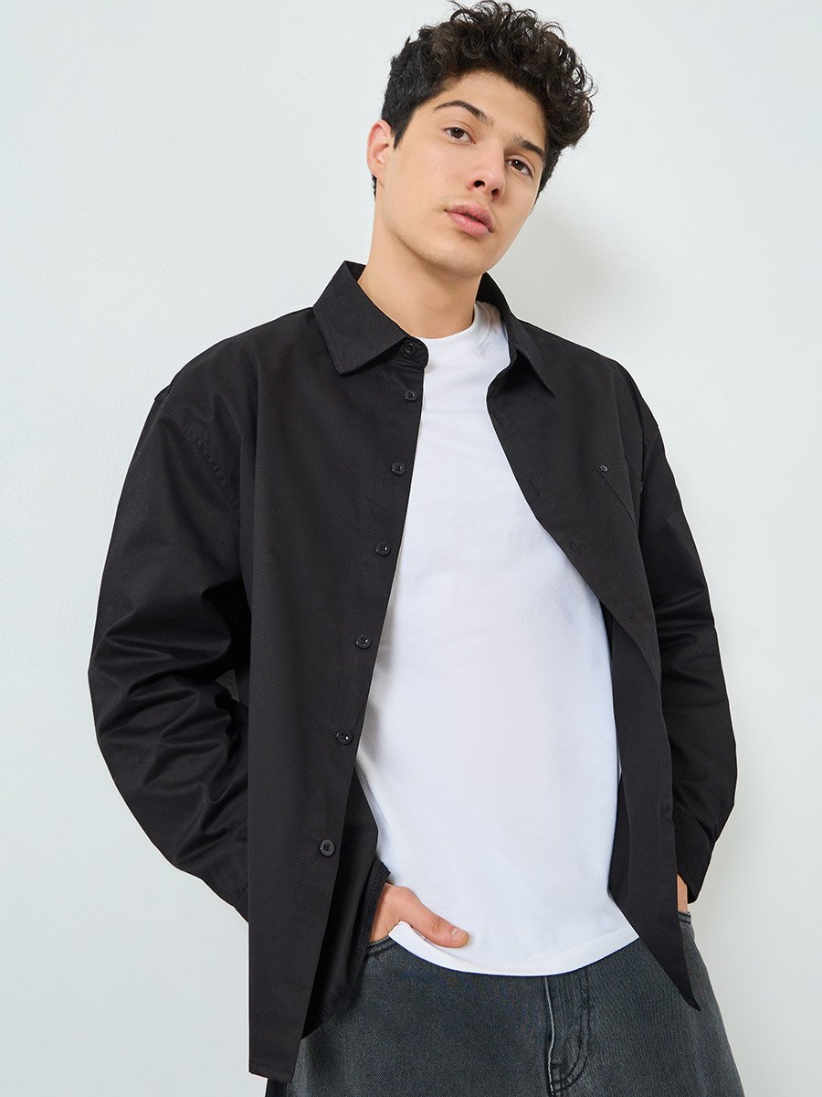Men Black Cotton Oversized Shirt