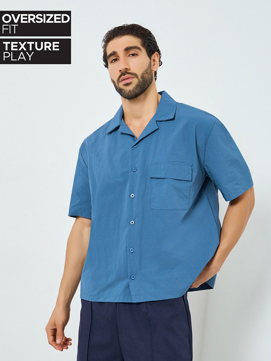 Men Blue Resort Collar Oversized Shirt