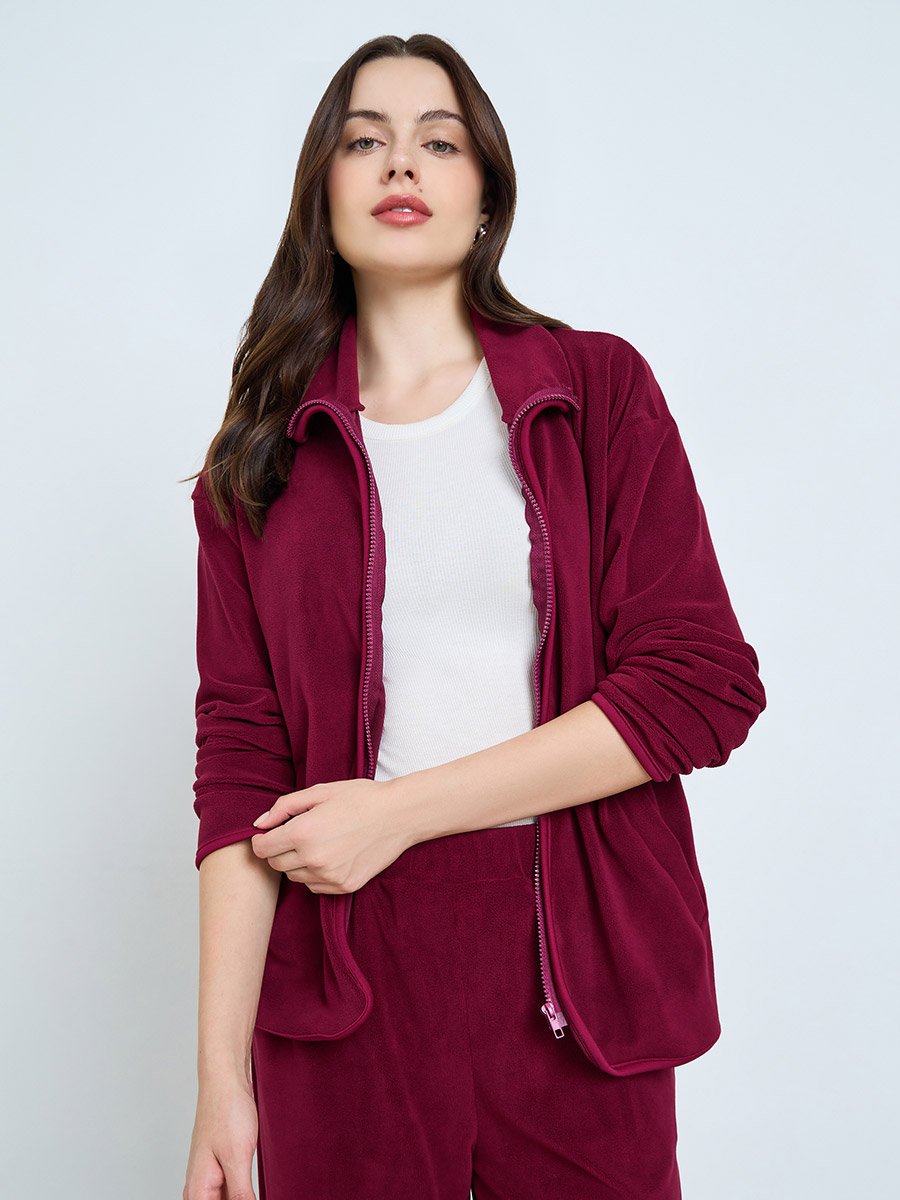 Burgundy Solid Fleece Jacket and Pants Co-Ords