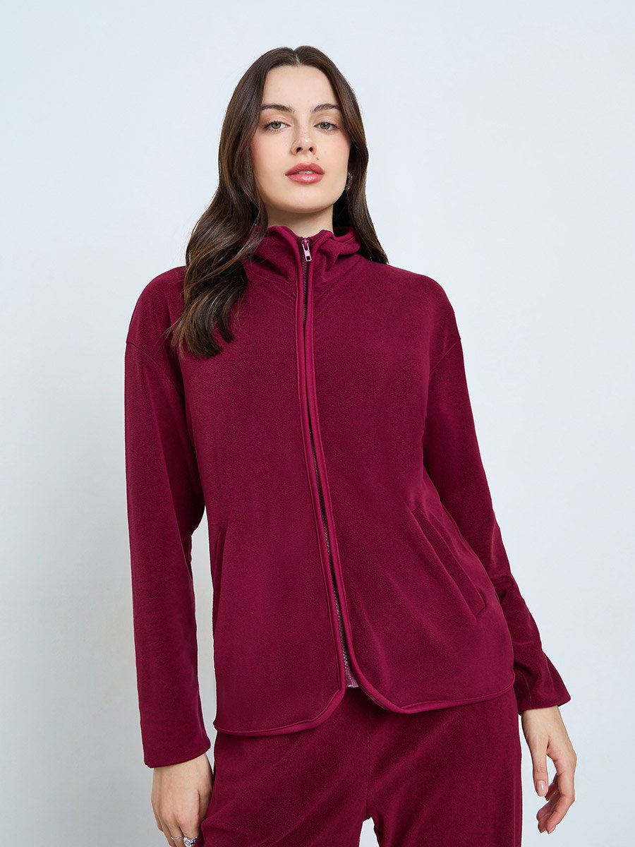 Burgundy Solid Fleece Jacket and Pants Co-Ords