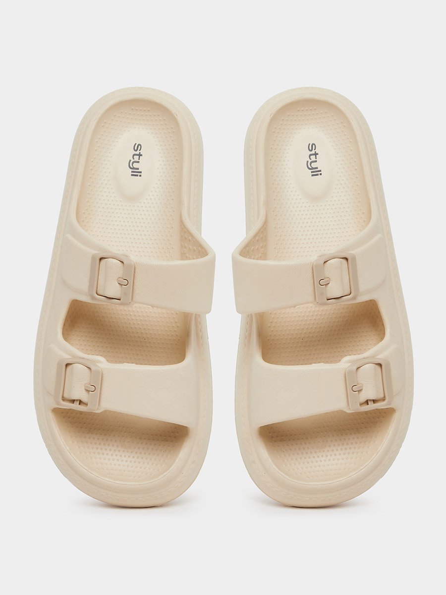 Beige Double Buckle Comfort Slide Sandals