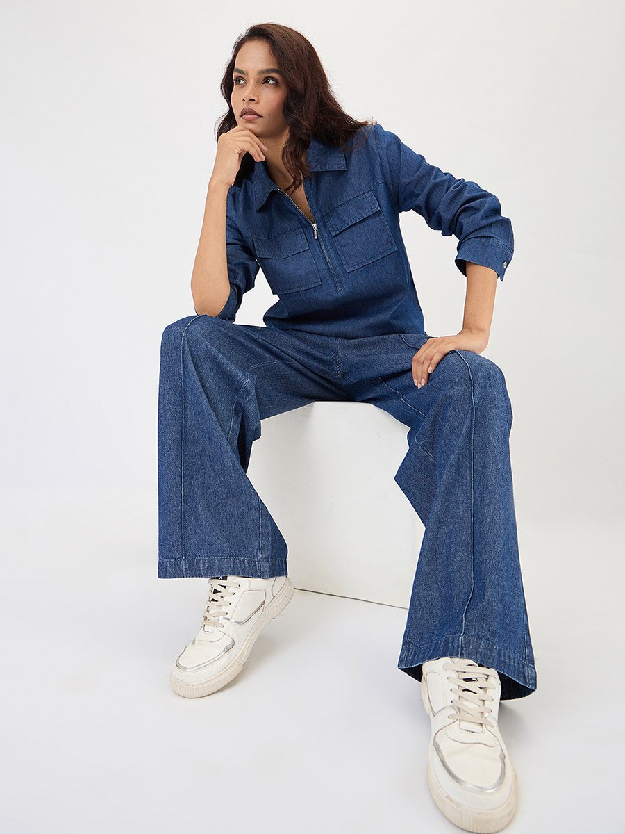 Navy Denim Wide Leg Cargo Trousers