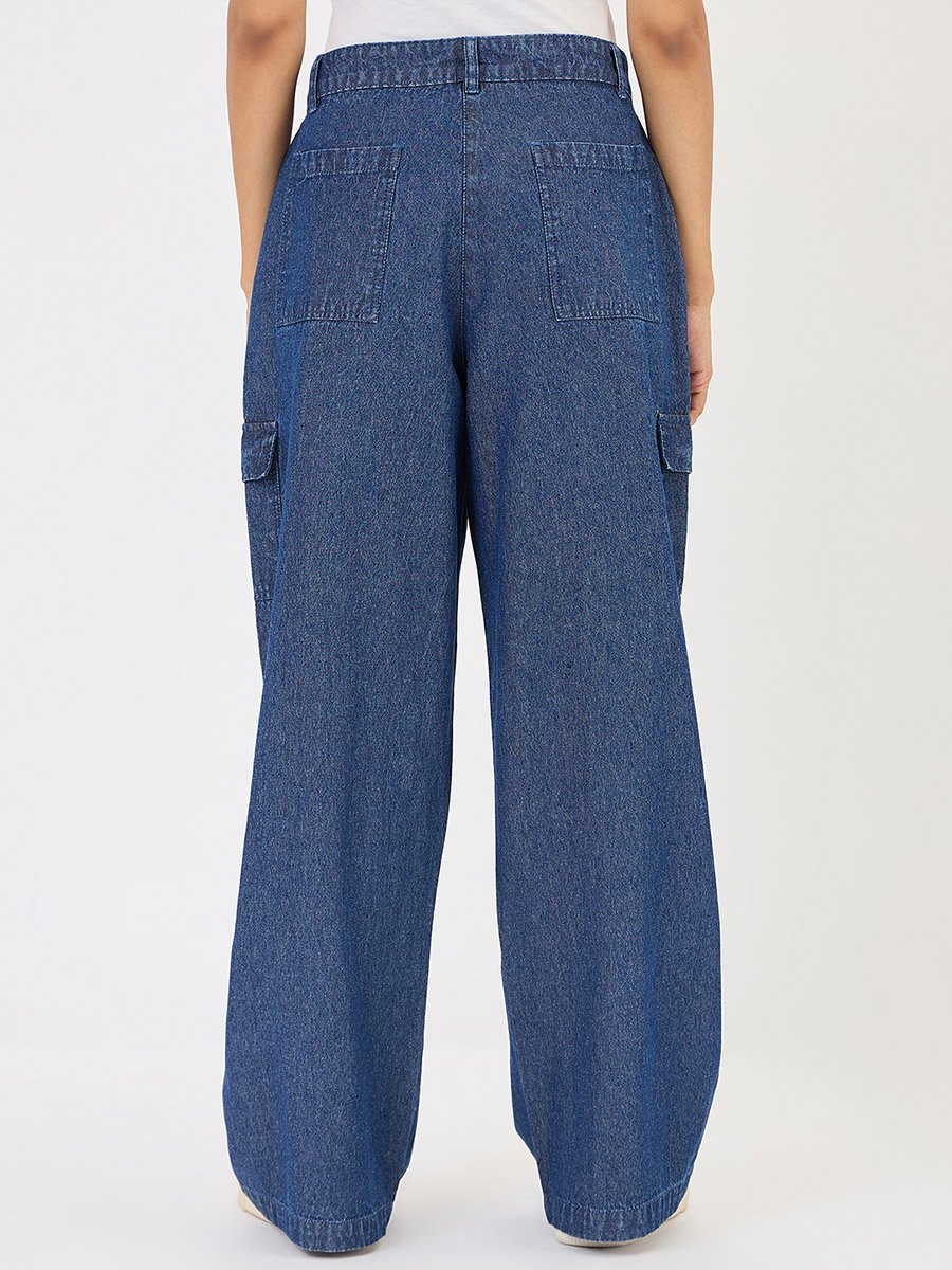 Navy Denim Wide Leg Cargo Trousers