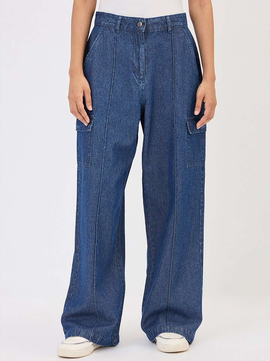 Navy Denim Wide Leg Cargo Trousers