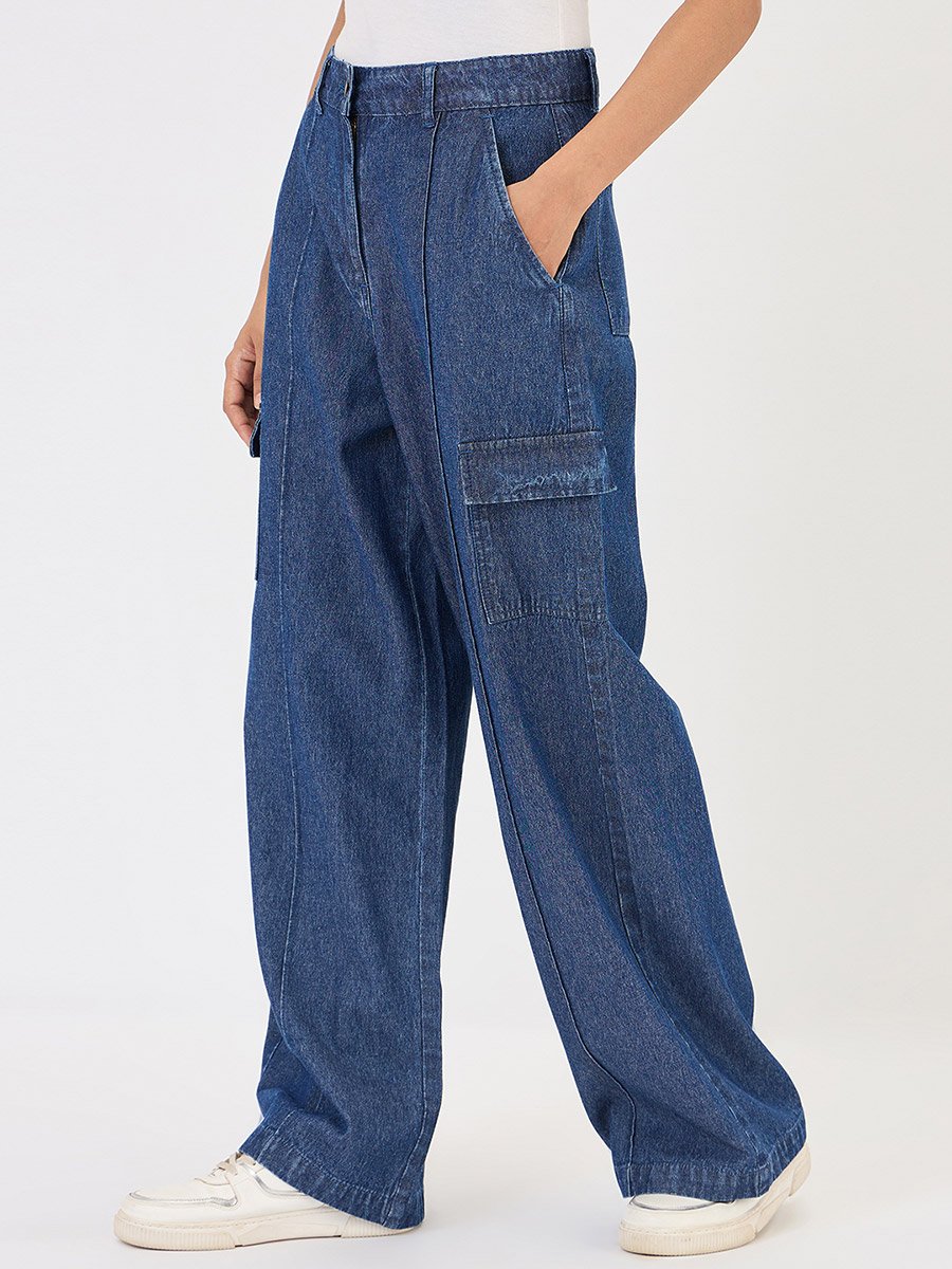 Navy Denim Wide Leg Cargo Trousers