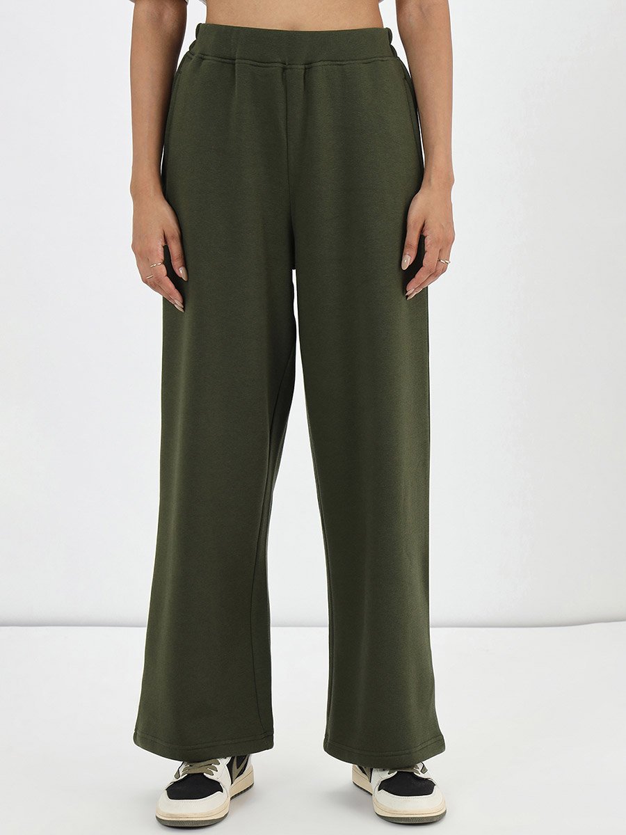Olive Straight Fit Fleece Trackpants