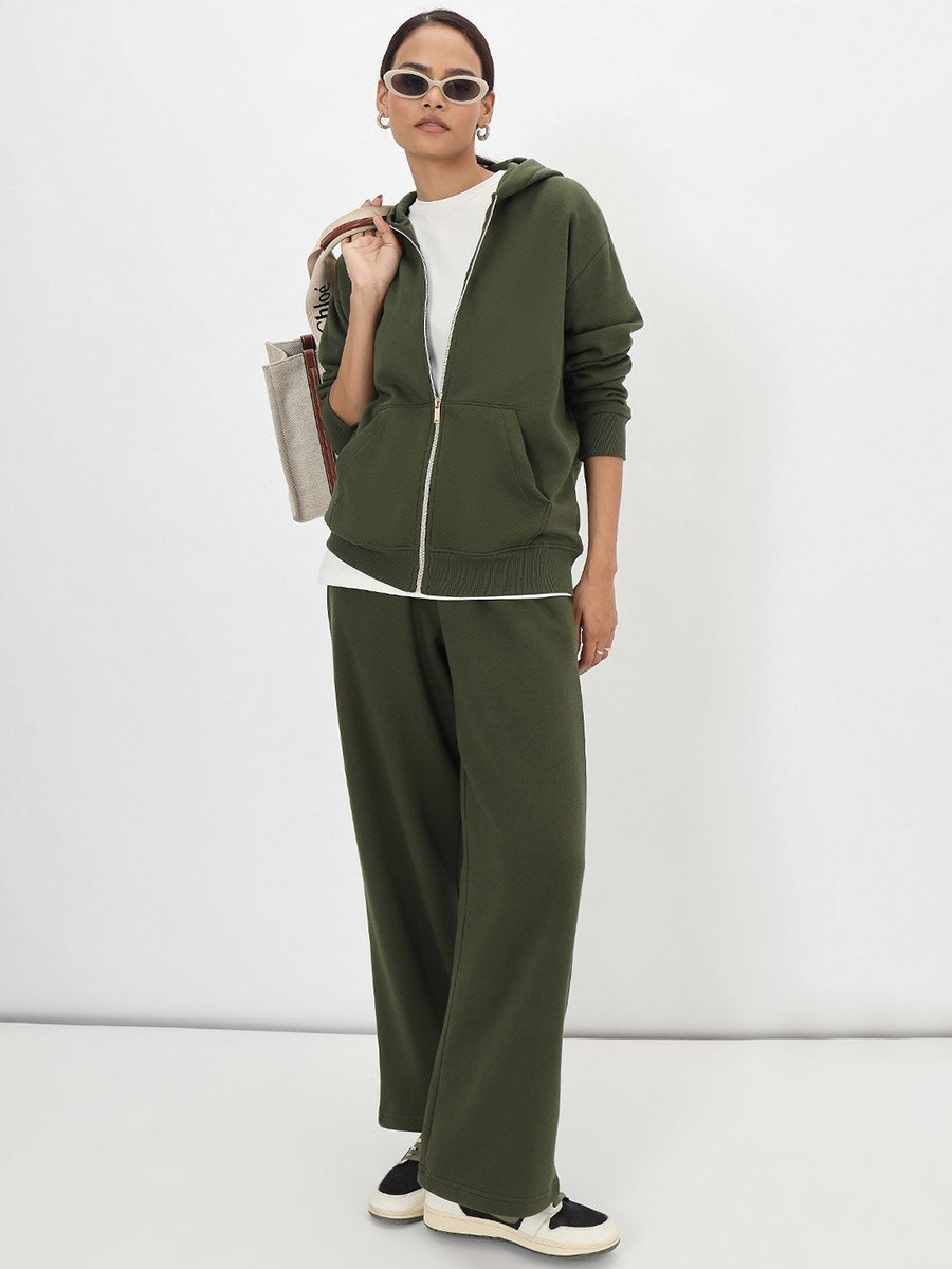 Olive Straight Fit Fleece Trackpants