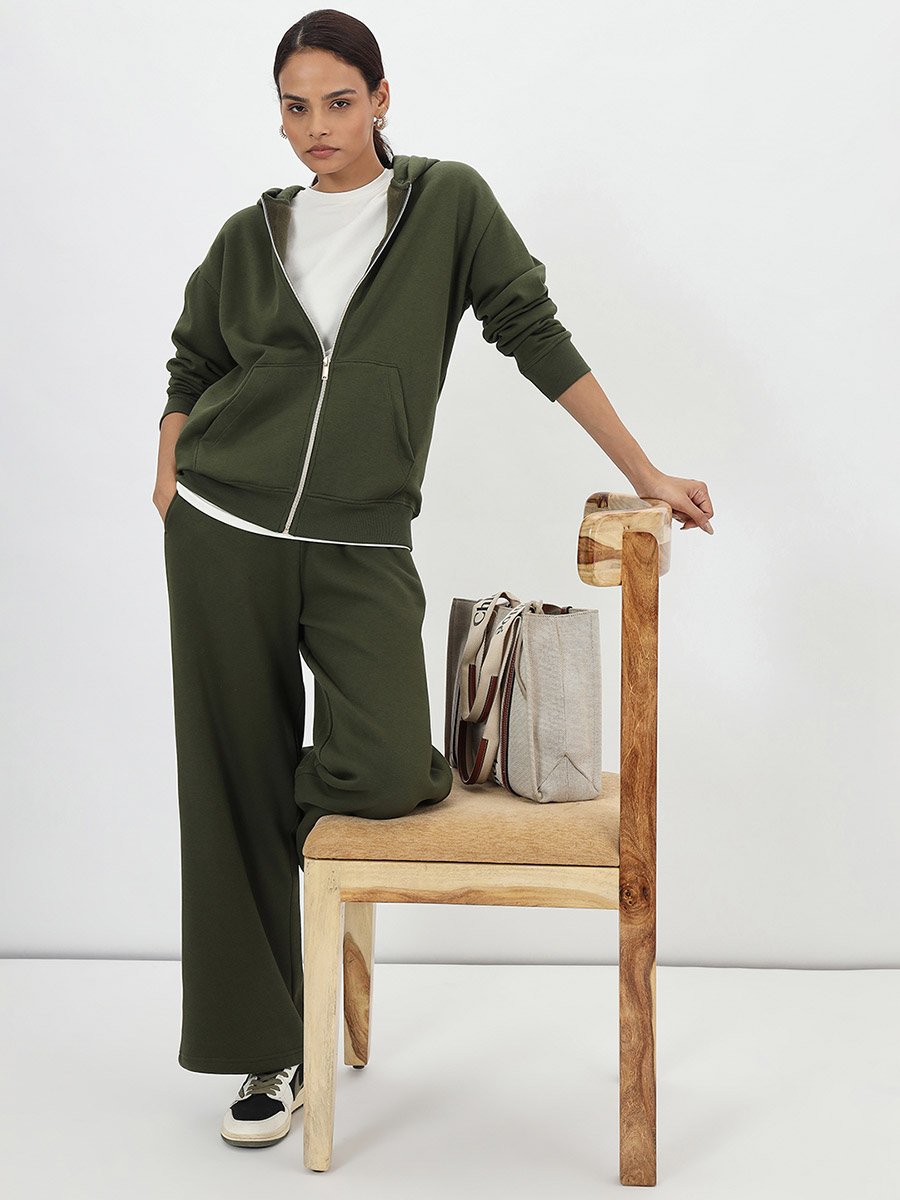 Olive Straight Fit Fleece Trackpants