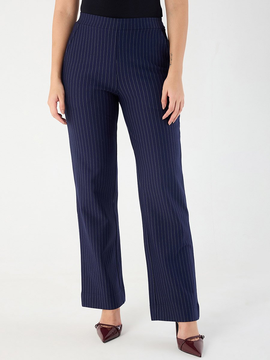 Navy Blue Pinstripe Regular Fit Trousers
