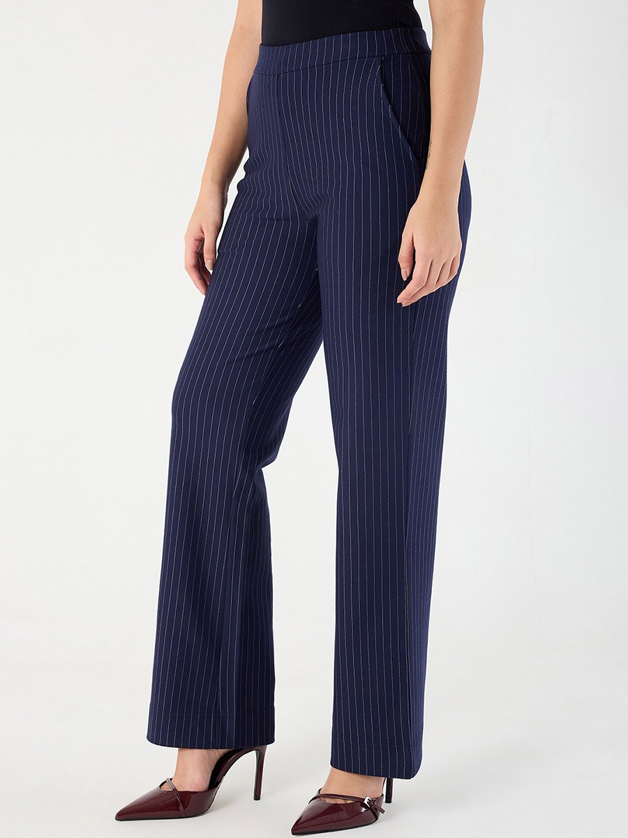 Navy Blue Pinstripe Regular Fit Trousers