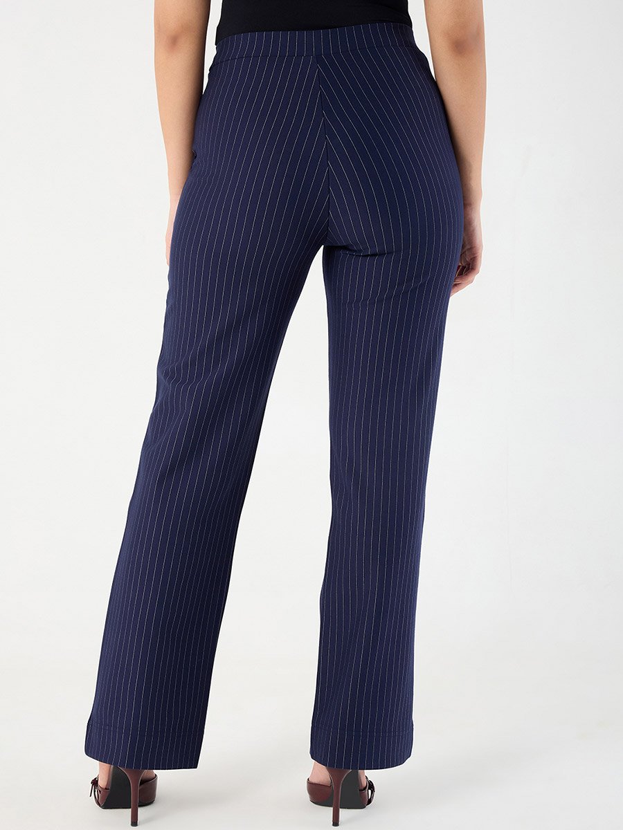 Navy Blue Pinstripe Regular Fit Trousers