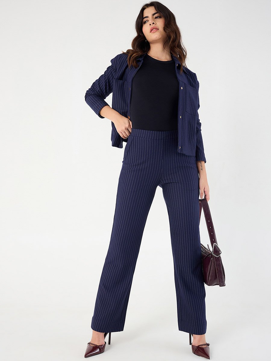 Navy Blue Pinstripe Regular Fit Trousers
