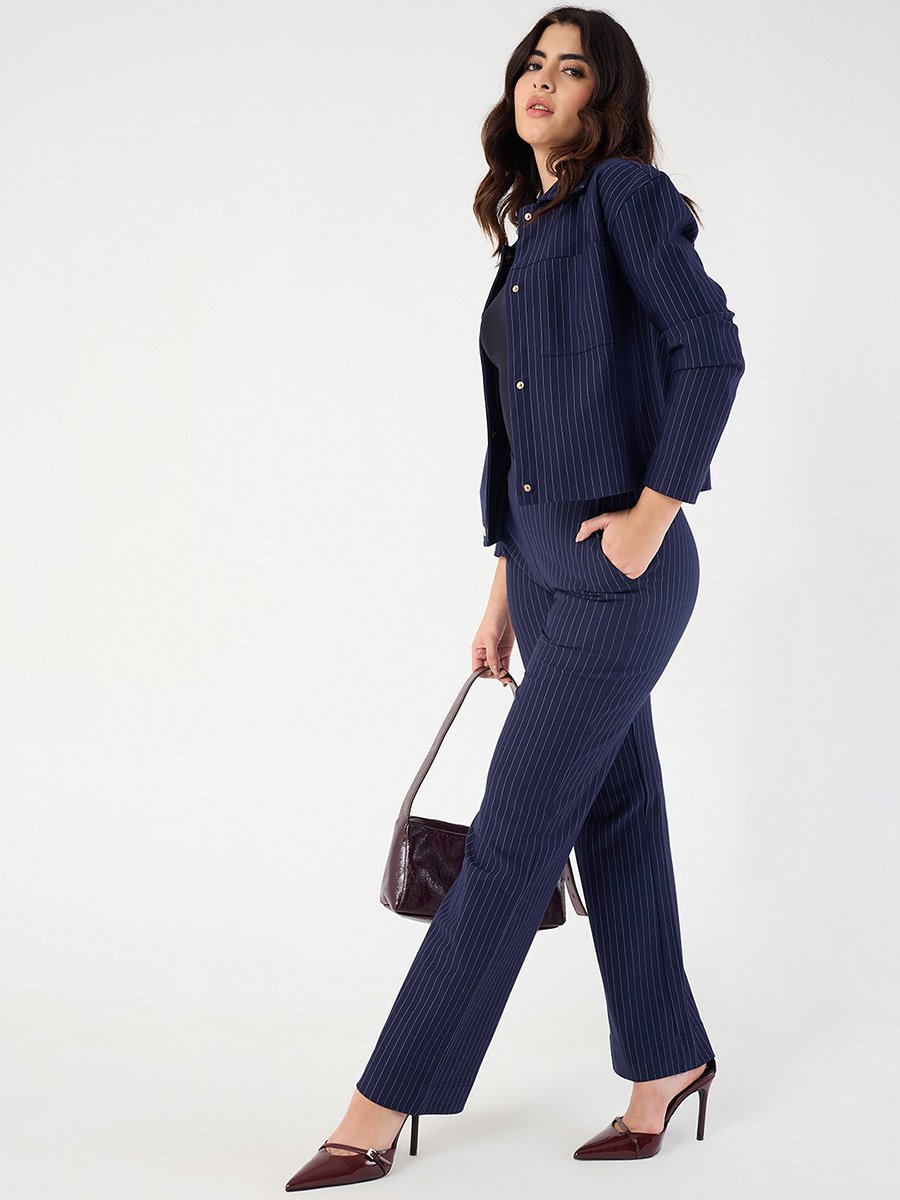 Navy Blue Pinstripe Regular Fit Trousers
