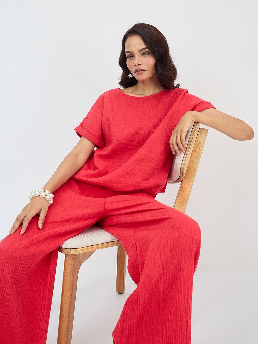 Women Cotton Gauze Top and Pants Co-Ords