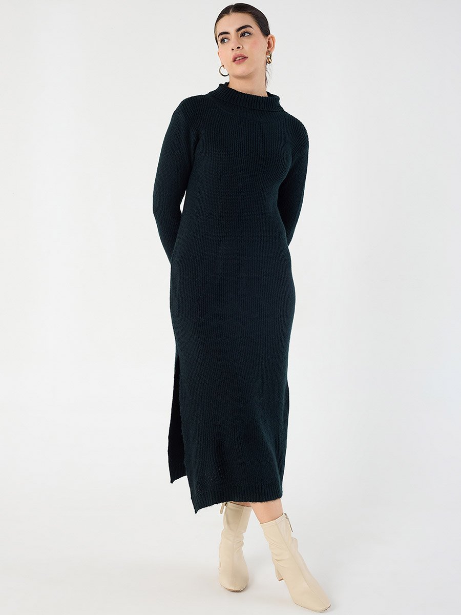 Black High Neck Side Slit Knitted Midi Dress