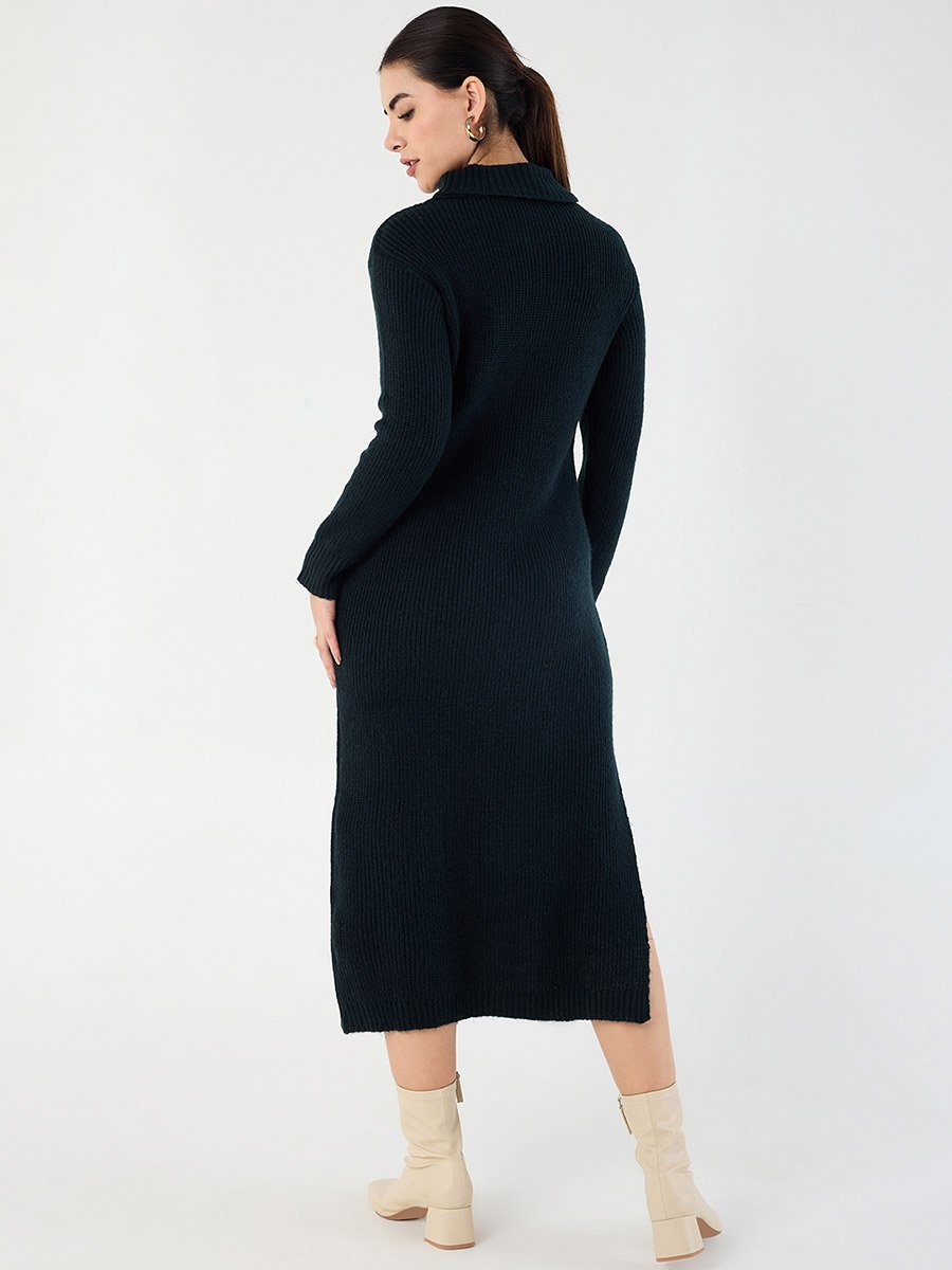 Black High Neck Side Slit Knitted Midi Dress