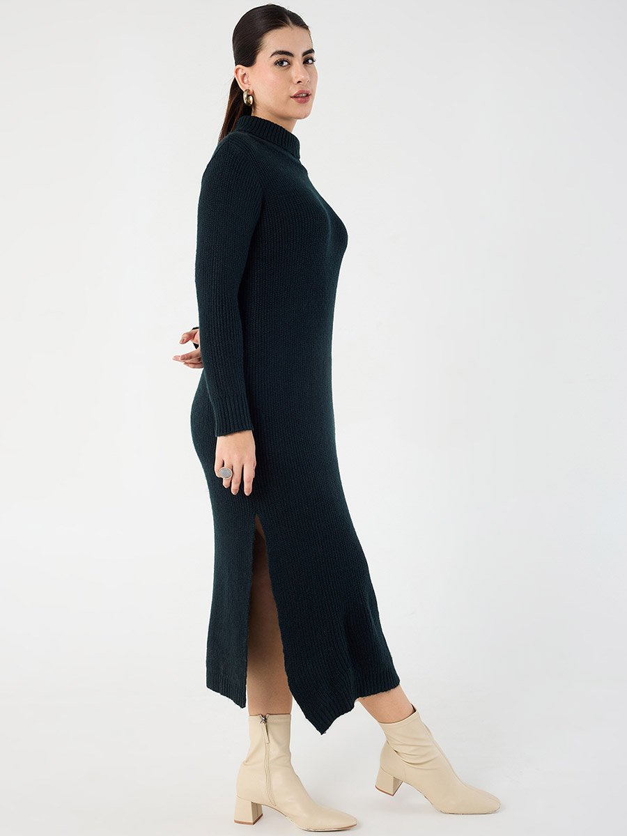 Black High Neck Side Slit Knitted Midi Dress