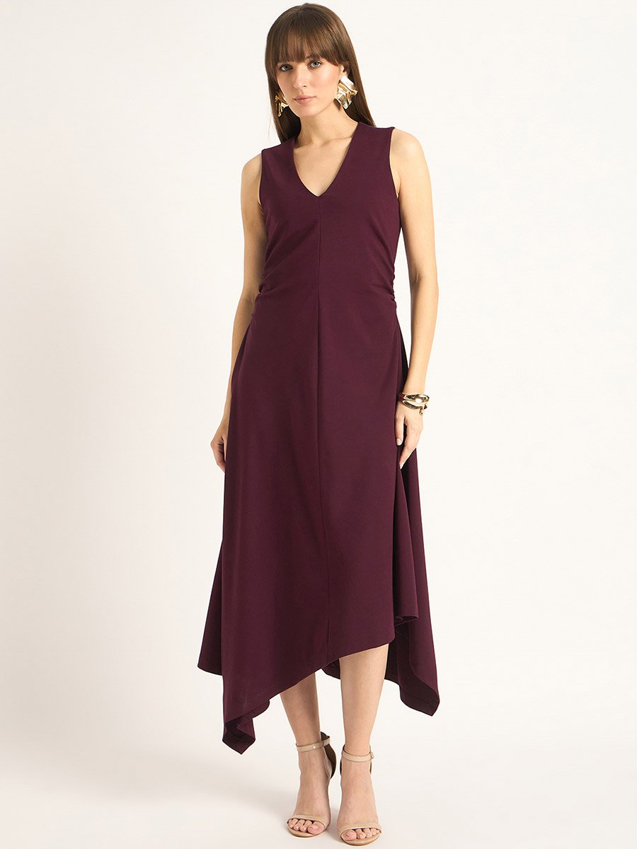 Wine Sleeveless Asymmetrical Hem Maxi Dress