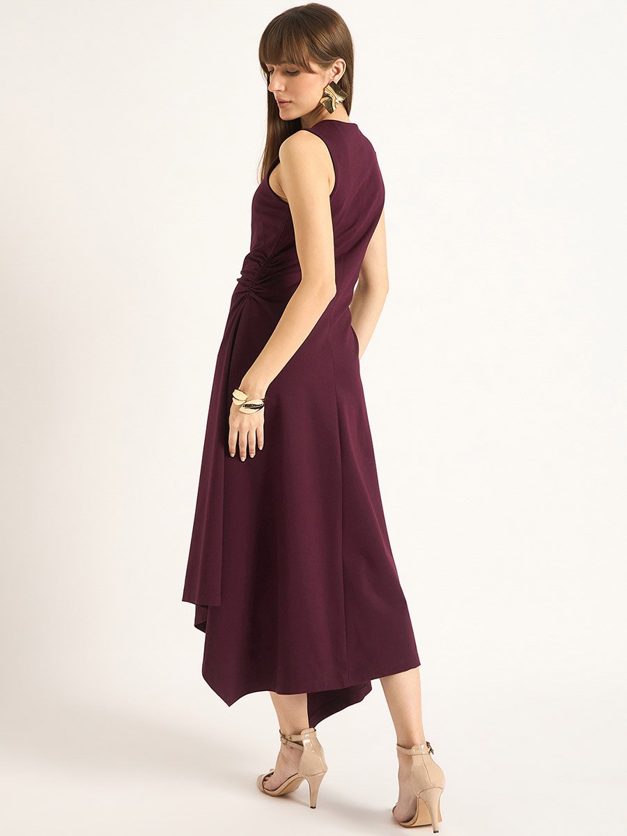 Wine Sleeveless Asymmetrical Hem Maxi Dress