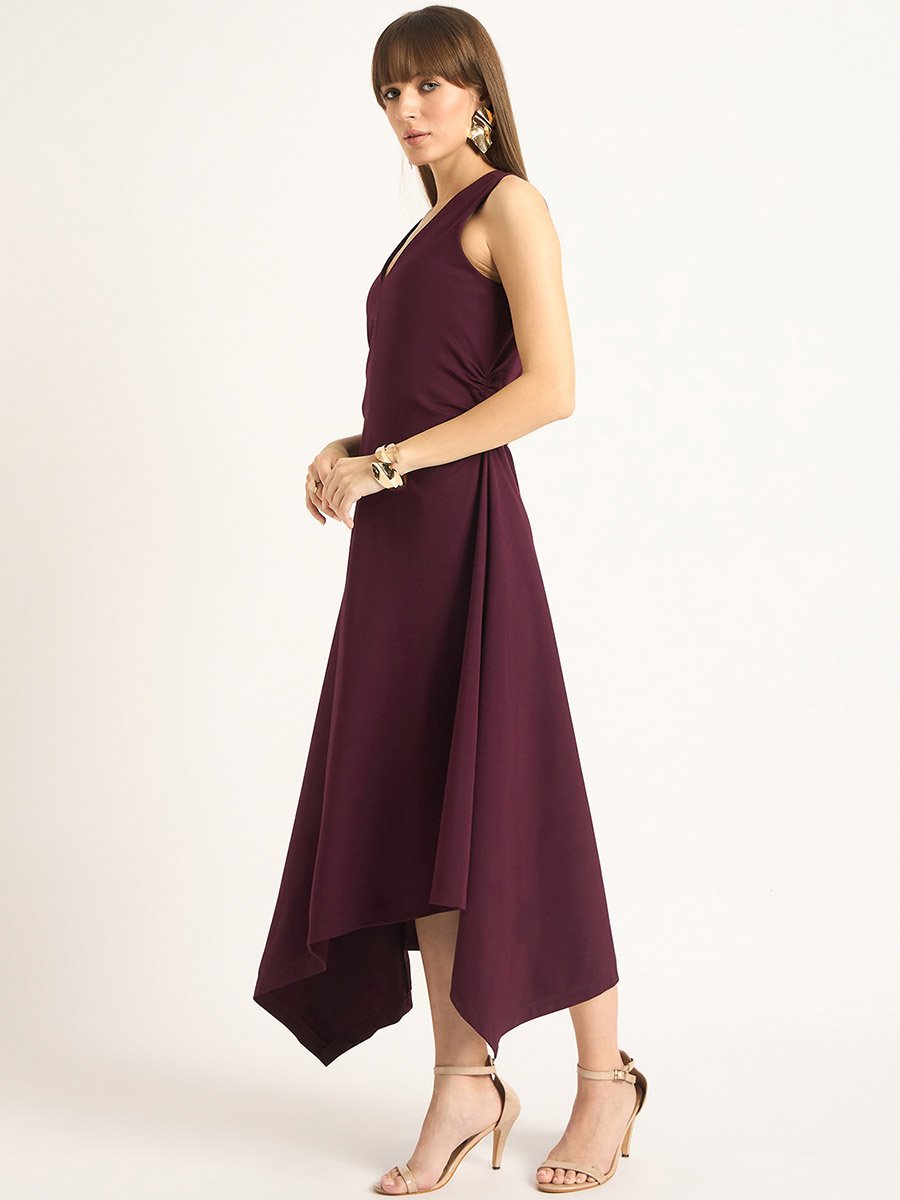 Wine Sleeveless Asymmetrical Hem Maxi Dress