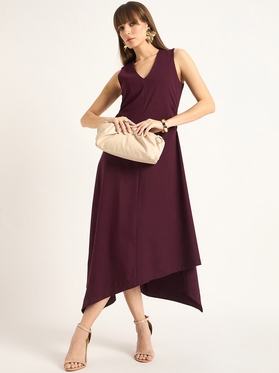 Wine Sleeveless Asymmetrical Hem Maxi Dress