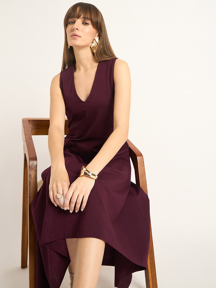 Wine Sleeveless Asymmetrical Hem Maxi Dress