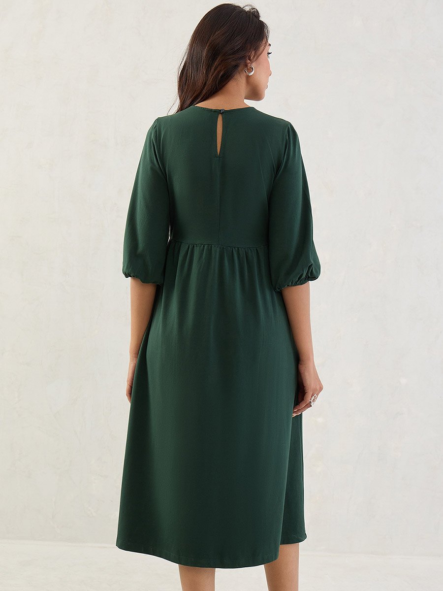 Forest Green Cotton Knitted Midi Dress