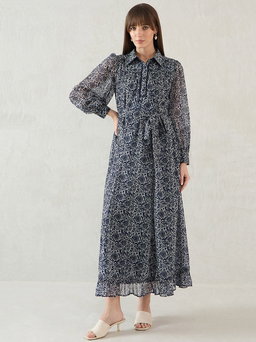 Navy Floral Printed Balloon Sleeve Maxi Dress