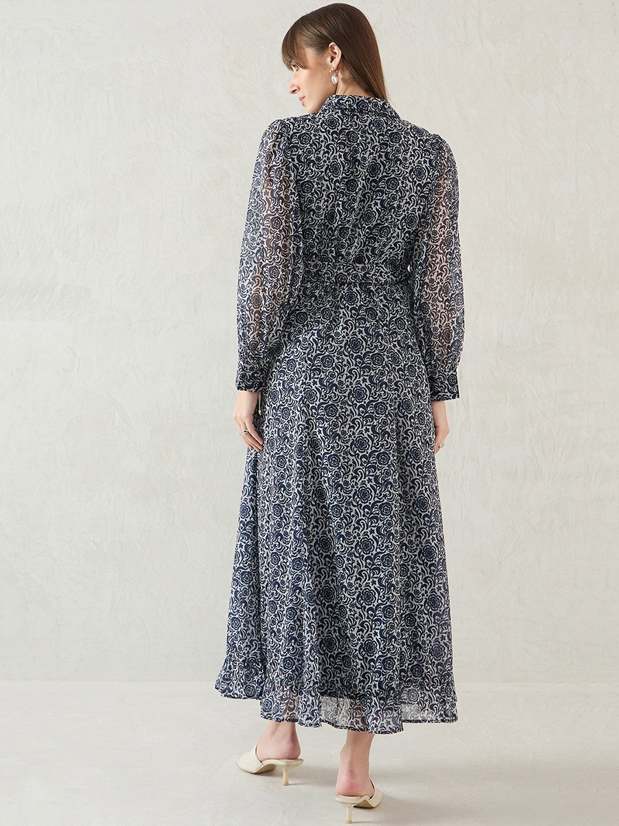 Navy Floral Printed Balloon Sleeve Maxi Dress