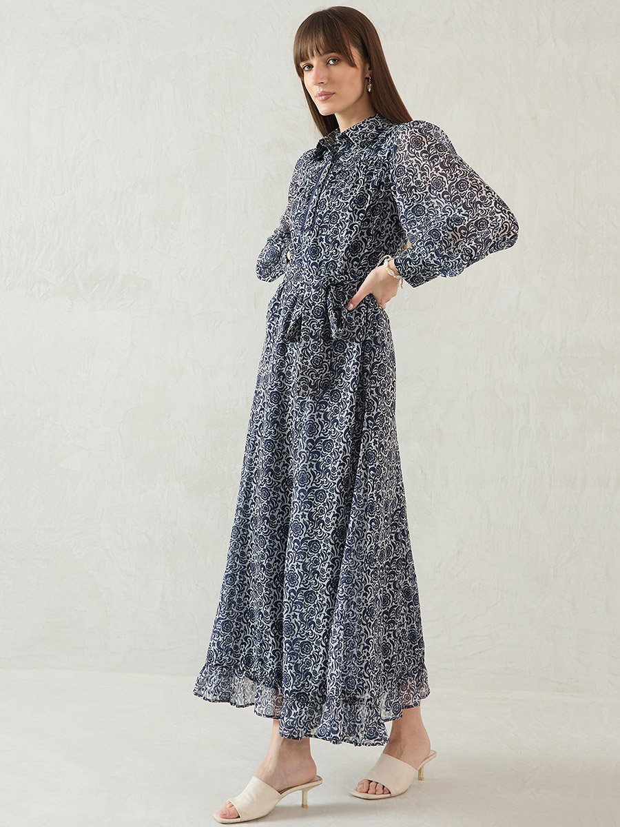 Navy Floral Printed Balloon Sleeve Maxi Dress