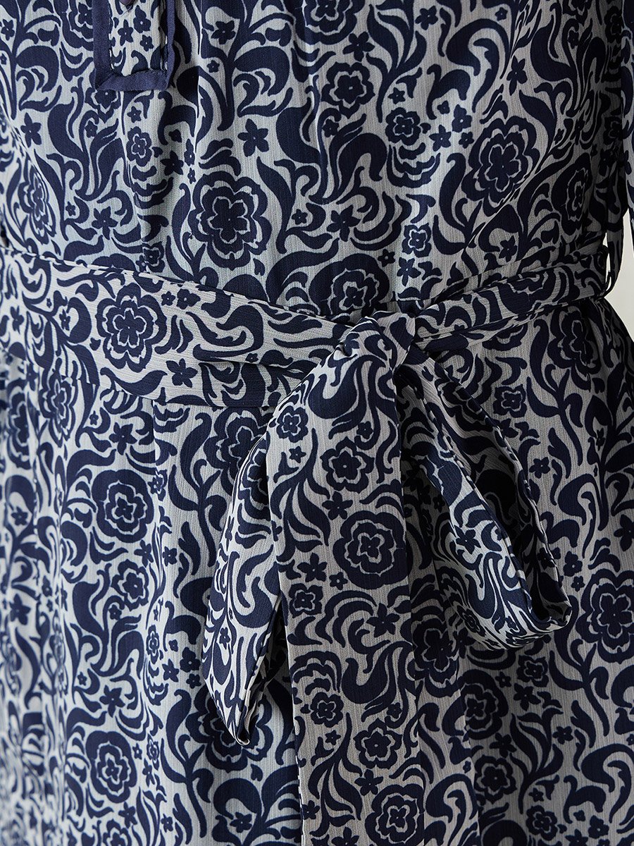 Navy Floral Printed Balloon Sleeve Maxi Dress