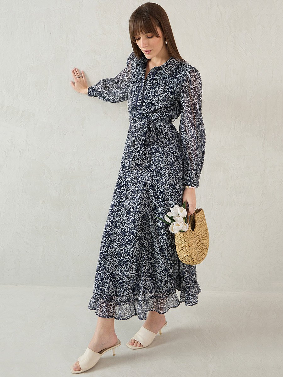 Navy Floral Printed Balloon Sleeve Maxi Dress