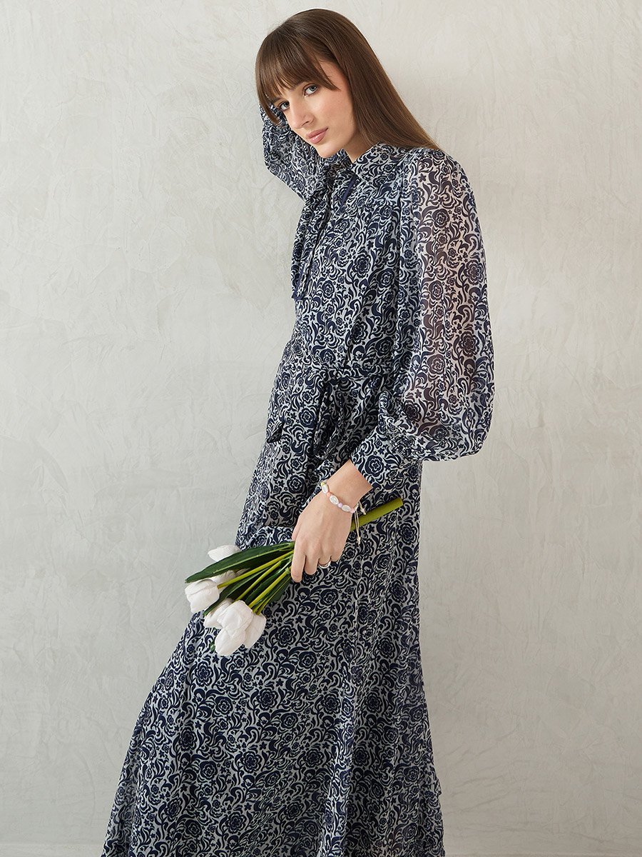 Navy Floral Printed Balloon Sleeve Maxi Dress