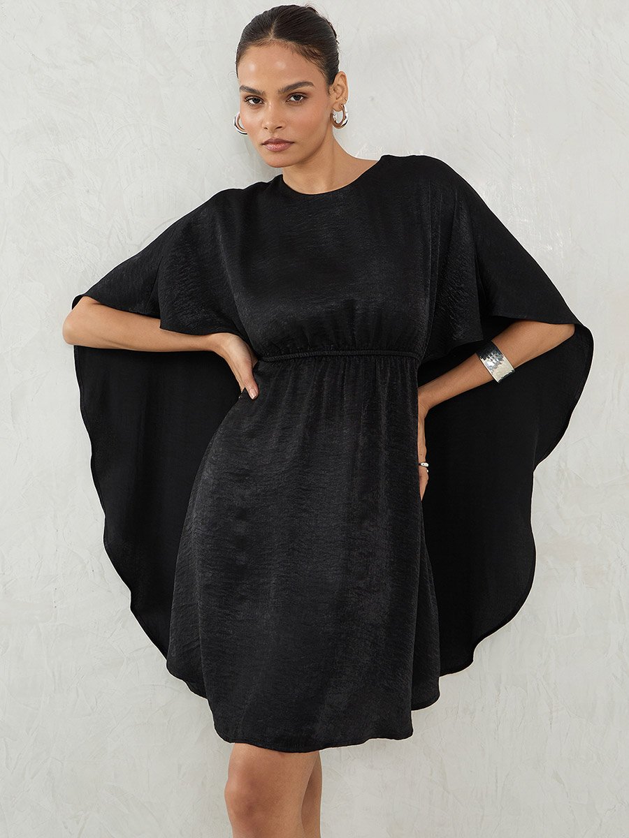 Black Satin Cape Sleeve Mini Dress