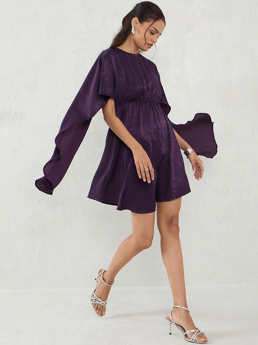 Deep Purple Satin Cape Sleeve Mini Dress For Women at Saudi | Styli