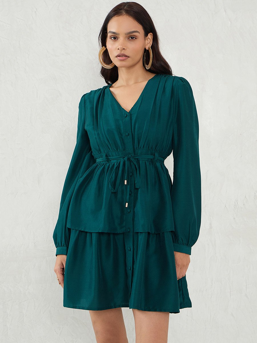 Emerald Green Long Sleeve A-Line Mini Dress For Women at Bahrain | Styli Emerald Green Long Sleeve A-Line Mini Dress For Women at Bahrain | Styli
