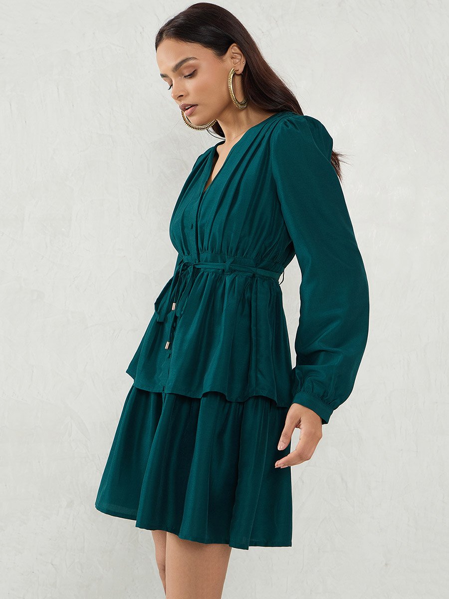 Emerald Green Long Sleeve A-Line Mini Dress For Women at Kuwait | Styli