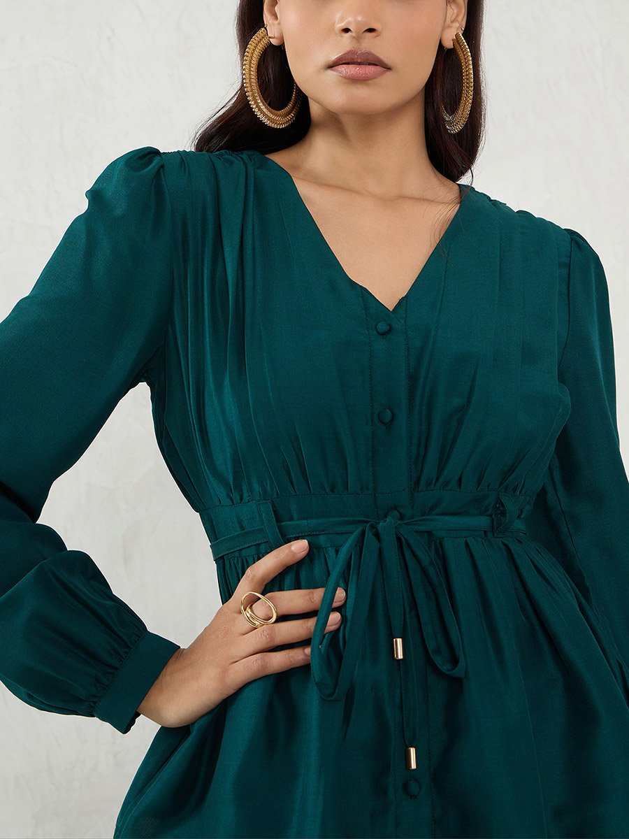 emerald green dress south africa Emerald Green Jacquard V-Neck Mini Dress Small main image 1