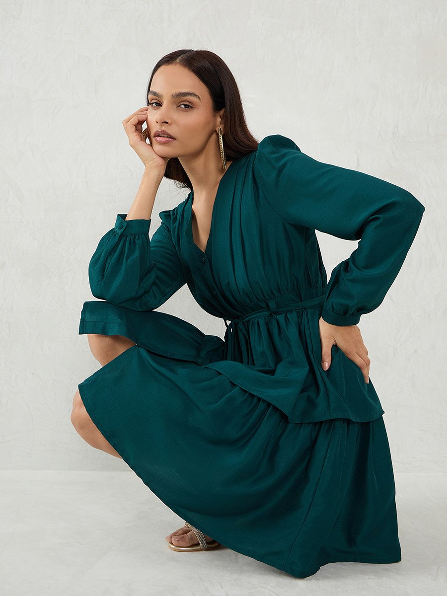 Emerald Green Long Sleeve A-Line Mini Dress For Women at Kuwait | Styli