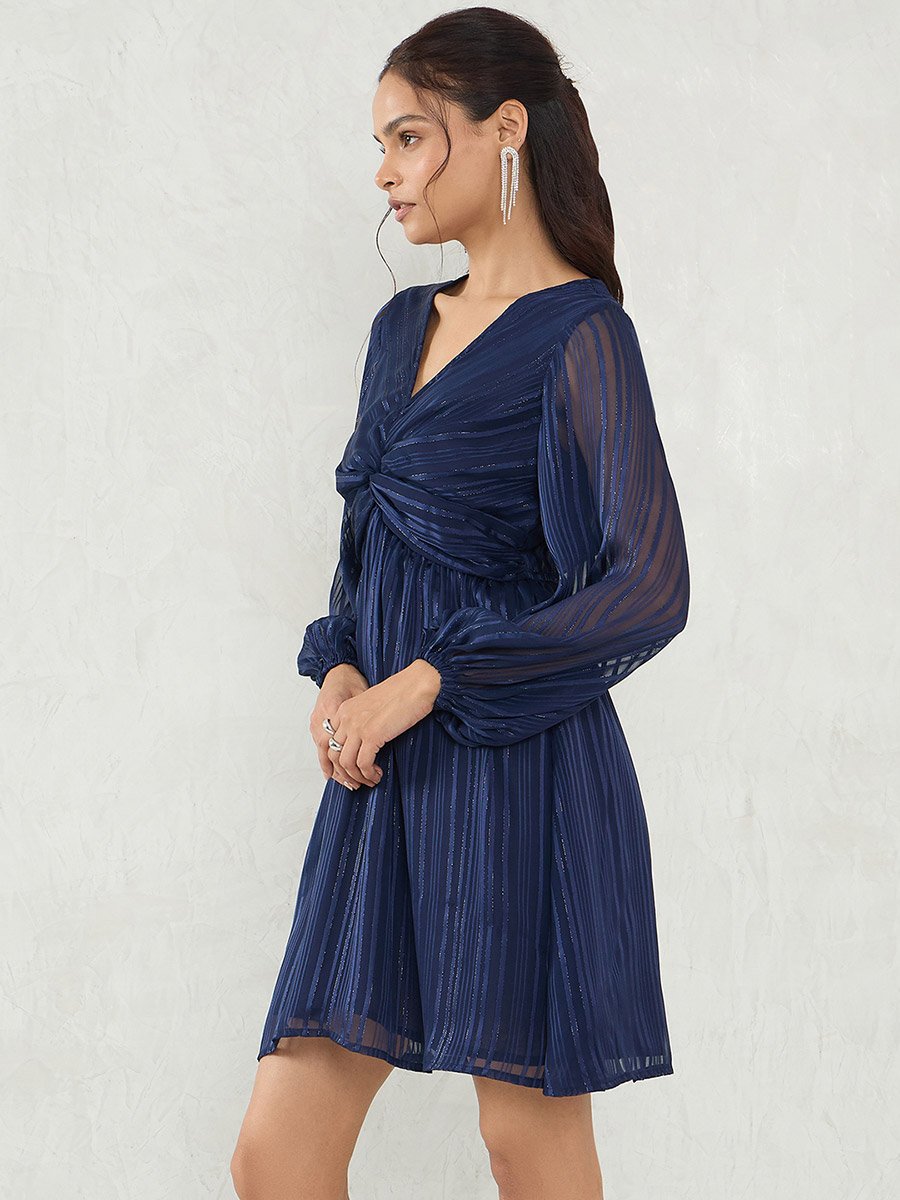 Navy Blue Front Twist A-Line Mini Dress 