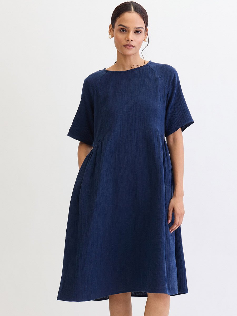 Navy Blue Cotton Side Gathers Detail Midi Dress