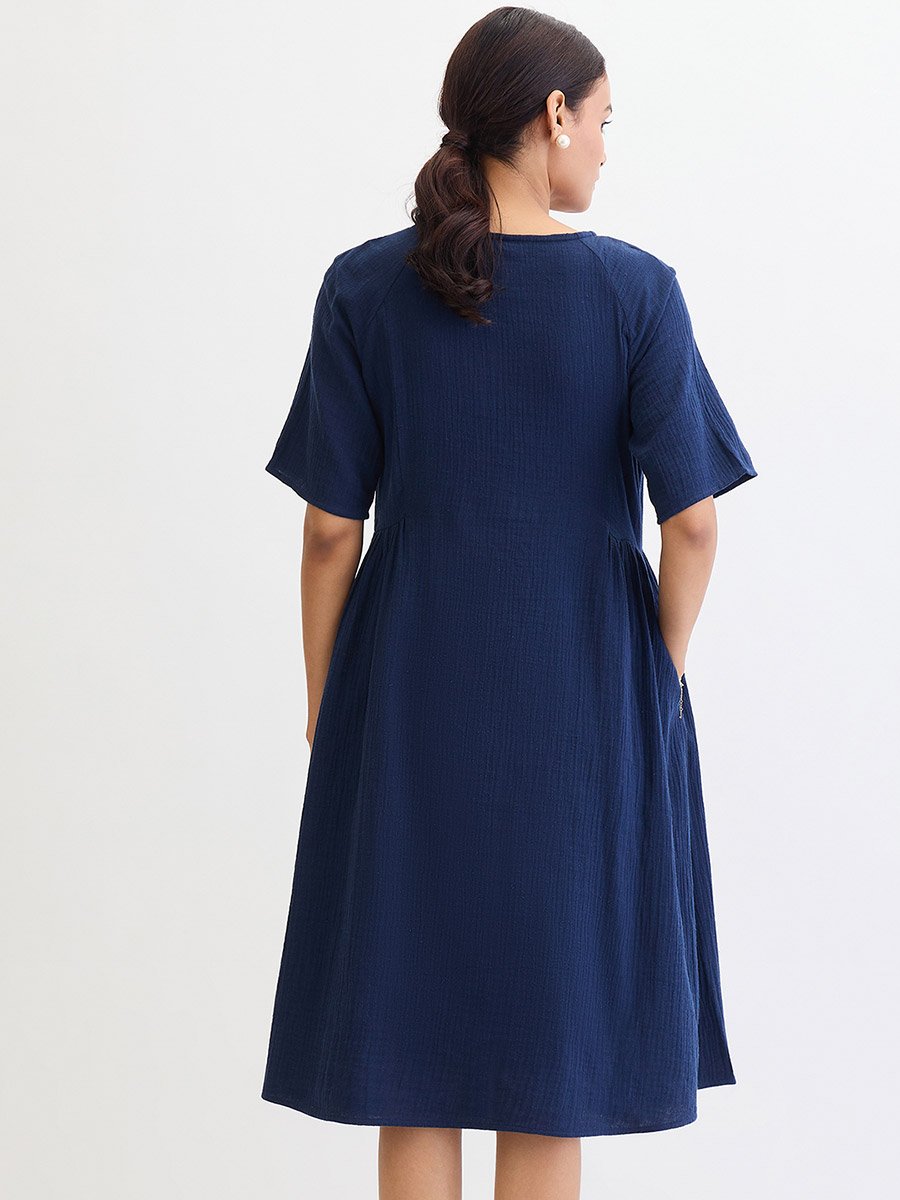 Navy Blue Cotton Side Gathers Detail Midi Dress